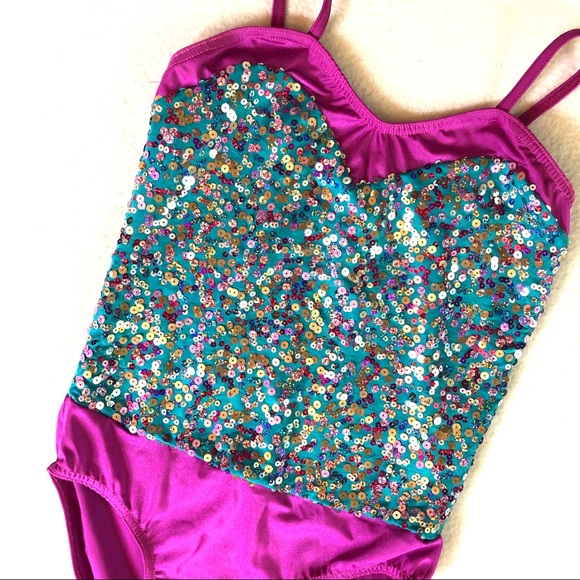 Costume Gallery Other - Youth Girls Magenta Aqua Sequin Unitard Leotard XL